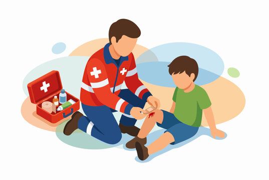 Paramedic Providing First Aid to an Injured Child Vector