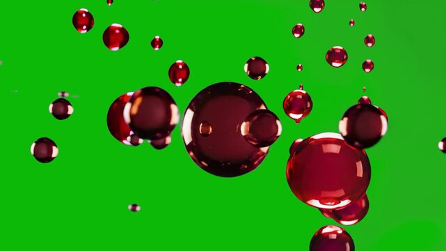 A versatile 3D animation of red liquid spheres floating and interacting, isolated on a chroma key green screen. This asset is perfect for compositing and allows users to easily remove the background f