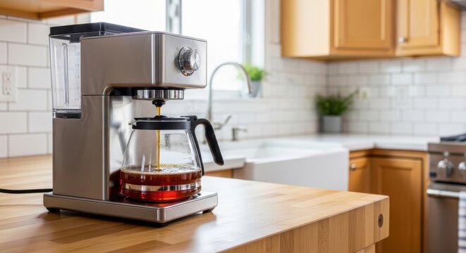 Silver drip coffee maker brewing hot amber liquid in a bright kitchen setting