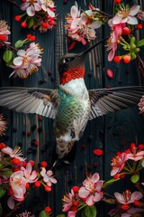 Fototapeta premium Hummingbird hovering among vibrant blossoms close up. AI-generated.