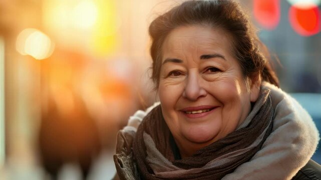 Warm sunlight glows behind a smiling woman. She wears a cozy scarf and jacket. Her gaze holds gentle, joyful expression. Soft bokeh lights frame her face. Background hints at urban street setting