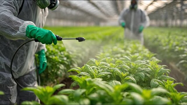Farmer spraying crops in greenhouse wearing respirator and hazmat suit