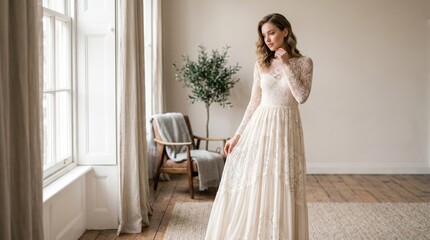 Fototapeta premium A young Caucasian woman with long brown hair wears an elegant white wedding dress. She stands in a bright room with large windows and a potted plant.