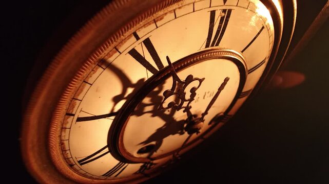 Vintage clock dial with roman numerals and fast moving time