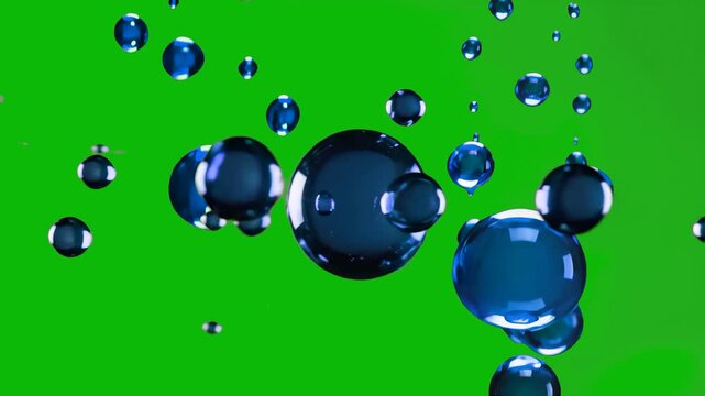 Glossy blue fluid spheres float and merge against a solid green background. This chroma key asset is ideal for science-themed overlays, cosmetic advertisements, or abstract motion design.
