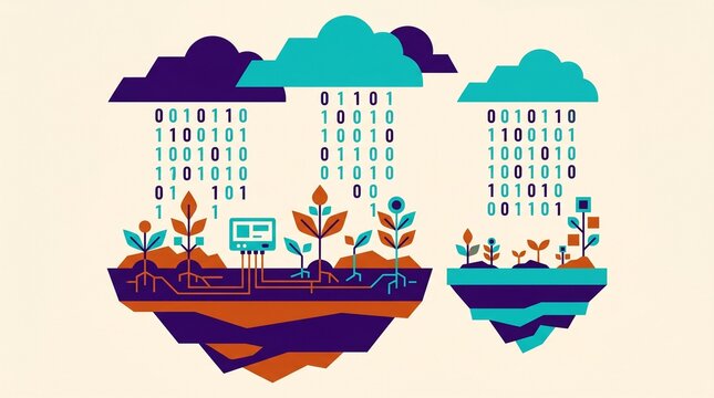 Abstract floating island with plants and server receiving binary code rain from clouds representing cloud computing data farming and smart agritech concept vector illustration
