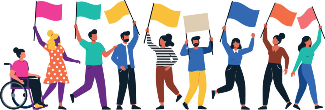 Diverse people holding protest banners and flags demonstration crowd activism social rights movement flat vector illustration
