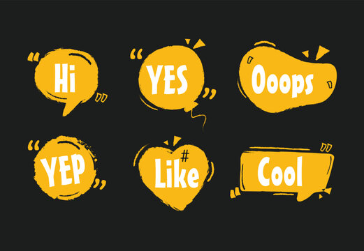 Yellow speech bubbles with hand drawn text hi yes ooops yep like and cool on dark backdrop.
