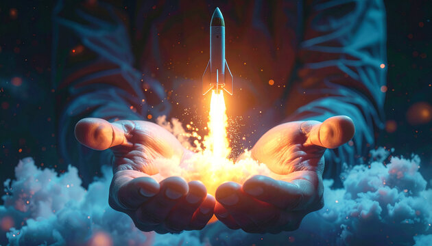Cinematic depiction of a rocket launching from hands with neon effects and clouds.