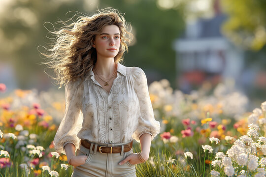 The beautiful woman is in a garden of blooming flowers.