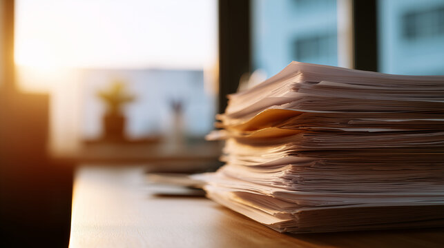 Stacks of paper documents in office with warm window light, paperwork overload and administrative backlog concept, business files, bureaucracy, records management, audit, tax and d
