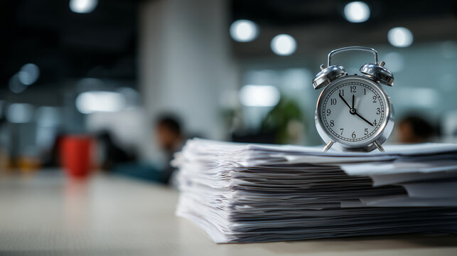 Office deadline concept with alarm clock and stack of paperwork on desk, time pressure, administrative workload, business urgency, bureaucracy, document backlog and corporate stres