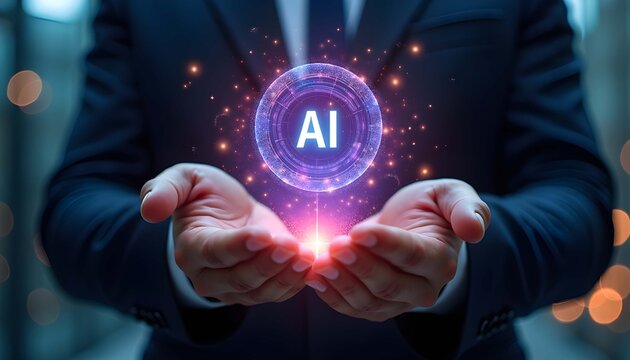 A businessman in a suit holds his hands out to showcase a glowing purple AI logo with a futuristic design photorealistic raw image