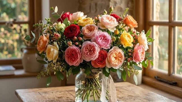 Bouquet of colorful roses sits in glass vase on wooden table by window