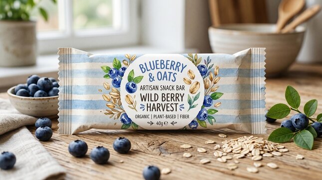 Freshly opened blueberry and oats snack bar on wooden kitchen table mockup with scattered blueberries and oats