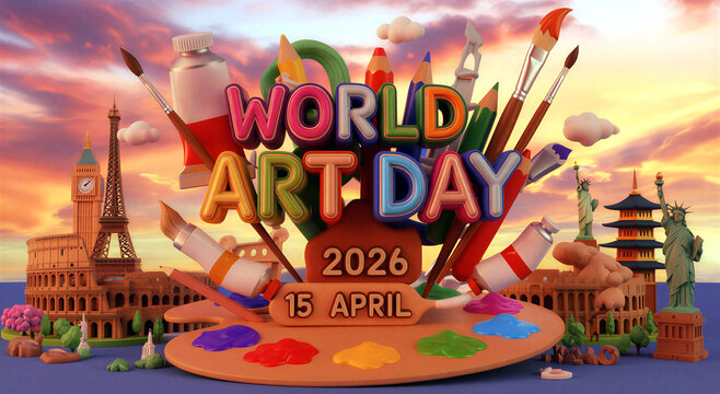 Colorful world art day celebration with famous landmarks and artistic tools for creative inspiration event poster design