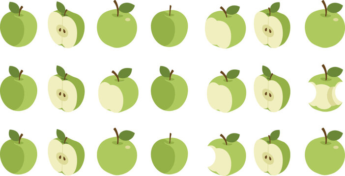 Green Apple Icon Set with Whole, Sliced, and Bitten Fruits Featuring Fresh Organic Food Elements in Clean Flat Vector Illustration Style