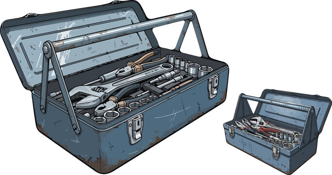 Vintage blue metal toolbox vector, open industrial tool chest with hand tools, rustic mechanical equipment kit for repair and maintenance