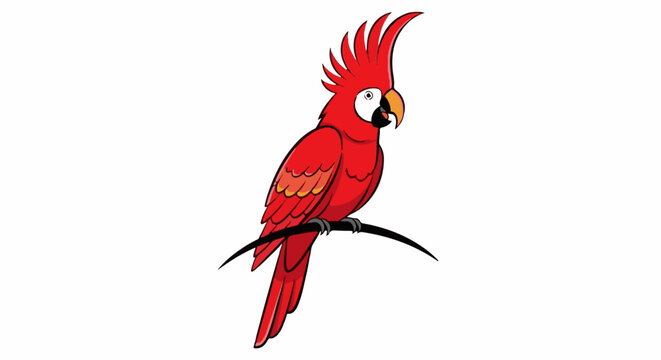A vibrant red parrot with a crested head perches on a branch