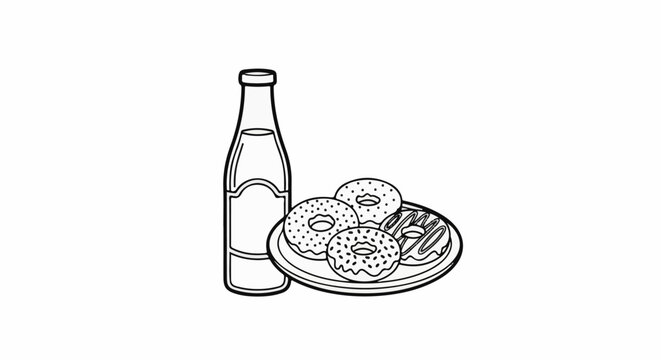 A bottle of drink and a plate of donuts