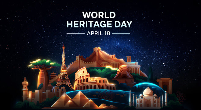 Colorful world heritage day celebration with famous landmarks and monuments illustrated creatively for april eighteenth event