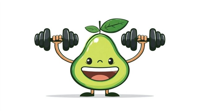 Green pear character lifts weights happily. Smiling face shows joy and effort. Cartoonish design appeals to all ages. Perfect for fitness, wellness, or healthy lifestyle themes