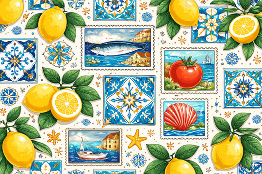 Amalfi Summer Pattern with Yellow Citrus Lemons, Blue Mediterranean Sea Tiles, and Vintage Italian Postage Stamps. Hand Drawn Mediterranean Style Illustration for Summer Travel and Coastal Decor.