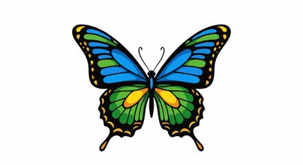 Fototapeta premium Vibrant butterfly with blue, green, and yellow wings on white background