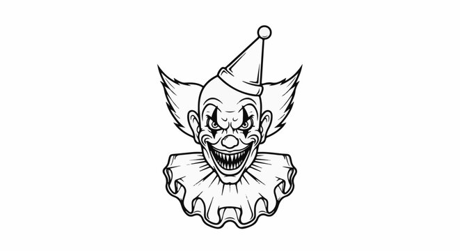 A menacing clown with a pointed hat and ruffled collar, drawn in black and white