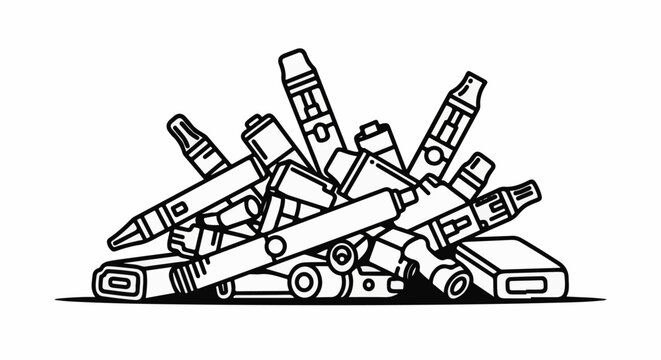 A messy pile of electronic cigarettes and accessories, drawn in outline