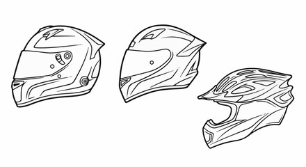 Naklejka premium Three line drawings of protective headwear for sports and vehicles