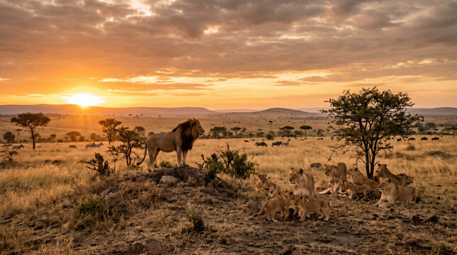 Majestic lion pride at sunset in african savannah
