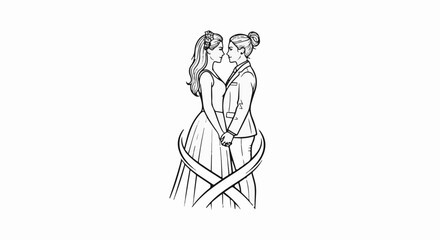 Obraz premium Two women in wedding attire holding hands, facing each other