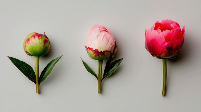 three stages of a single coral peony bud ('Coral Charm') opening, all in one frame