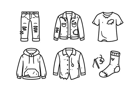 Vector line art icon set of worn and torn clothing including ripped jeans, patched denim jacket, tattered t-shirt, distressed hoodie, frayed shirt, and a sock with needle and thread for repair.