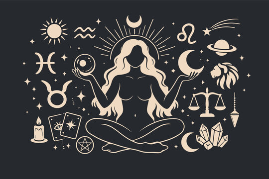 Mystical Woman Silhouette as Astrology Goddess of Female Power with Zodiac Signs, Tarot Cards, Crystal Ball, and Celestial Symbols. Esoteric Vector Art for Spirituality and Fortune Telling.