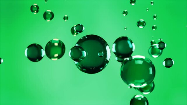 A macro 3D graphic simulation of transparent emerald green liquid spheres and oil droplets floating and rising smoothly against a soft green background. Excellent backdrop for organic skincare ads, re