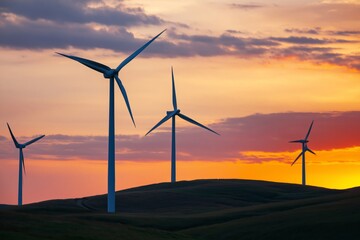 Obraz premium Wind Turbines Stand Against a Sunset Sky in a Rural Area With Hills and Clouds