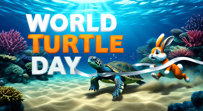 Cute cartoon sea turtle and rabbit racing underwater for world turtle day celebration illustration