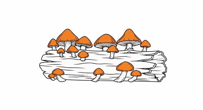 A stylized illustration of several orange mushrooms growing on a fallen log