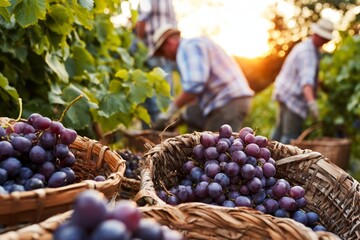 Naklejka premium Workers Harvest Grapes in Vineyard During Sunset in Late Summer Season