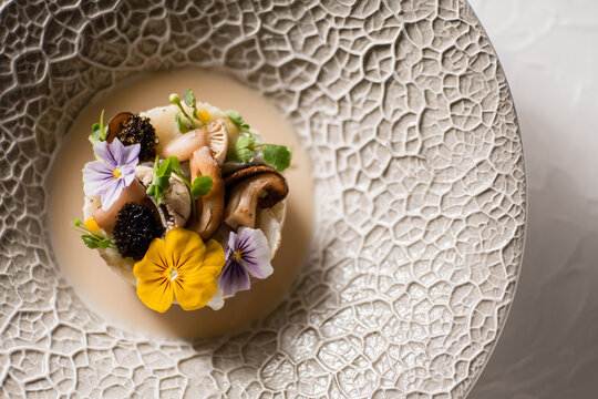 Luxury vegetarian tasting meal on ceramic design plate, high level serving.