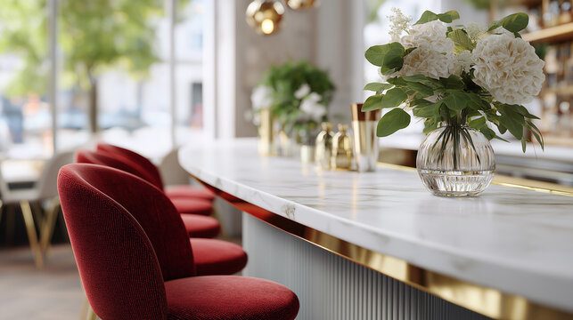 Bar counter scene in a modern cafe with red chairs, flowers, and bright natural light