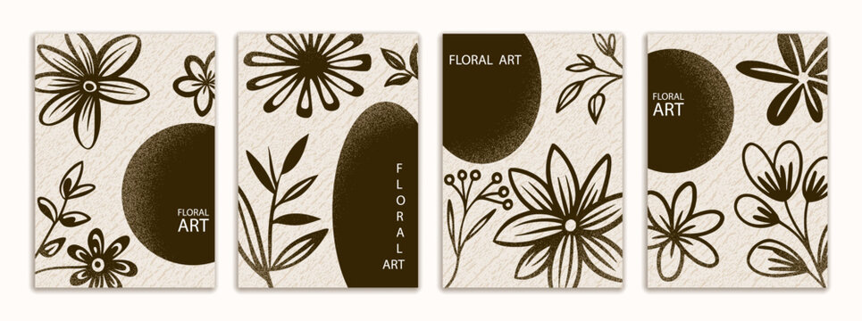 Brochure flyer design, drawing flowers, vector background, floral art, set vertical a4 format