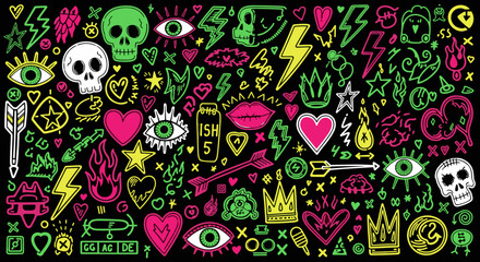 Fototapeta premium Vibrant neon doodle collage with skulls, hearts, eyes, and lightning bolts
