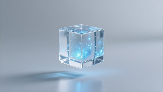 A glowing blue crystal cube floating in a minimalist space, expressing futuristic innovation and digital technology.