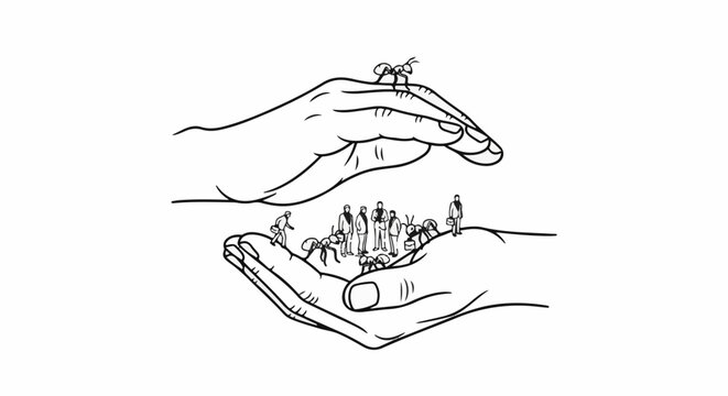 A giant ant supervises tiny humans and ants in cupped hands