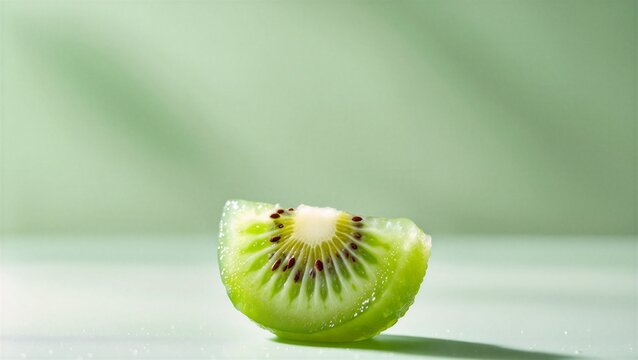 A fresh kiwi slice glistening with water droplets, set against a soft green background, evoking freshness and vitality.
