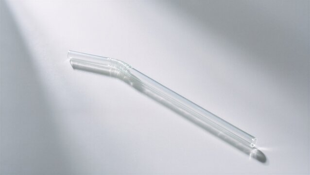 A clear glass straw with a bend, resting on a soft-lit white surface, evoking minimalism and sustainability.