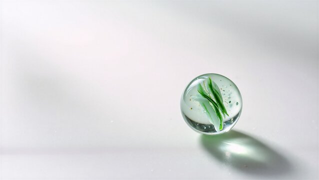 A clear glass marble with green leaf patterns, softly lit on a white surface, evoking tranquility and simplicity.